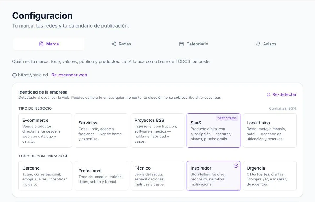 Pestaña Marca de Strut.ad con el tipo de negocio y el tono detectados